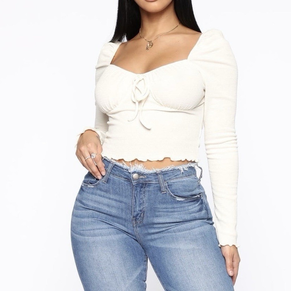 White‎ Long Sleeve Boho Crop Top Ruched Front Cottagecore Medium